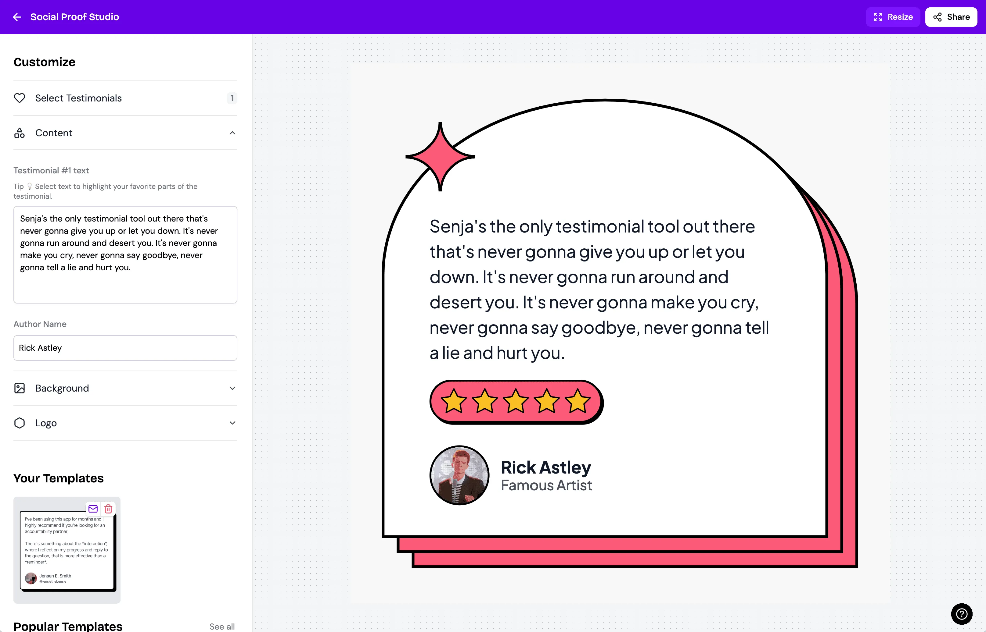 Editing a testimonial template in Senja: changing colors and text to match your brand