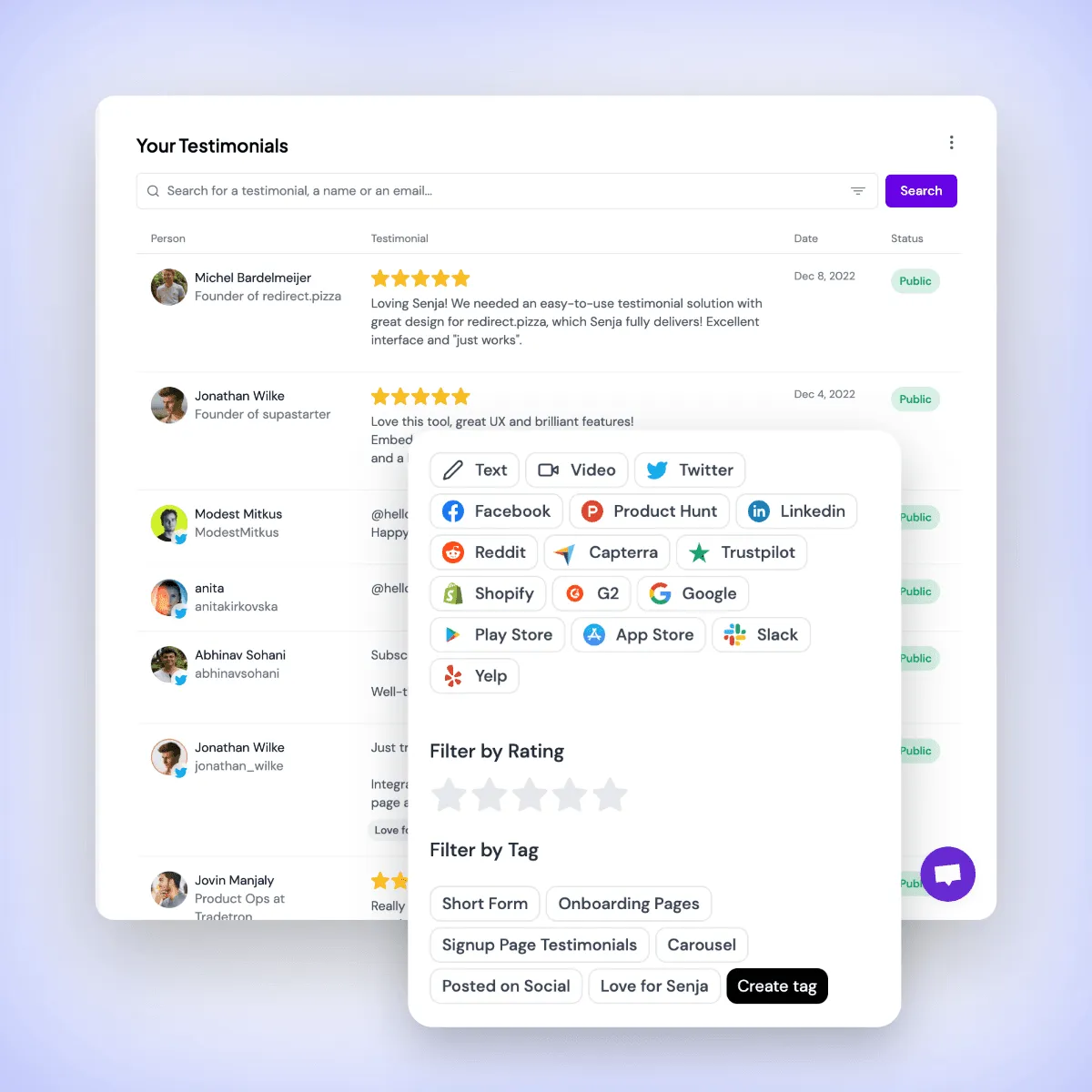 The Senja testimonial dashboard