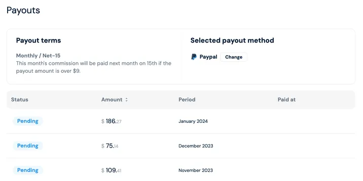 The affiliate dashboard showing referrals and payouts
