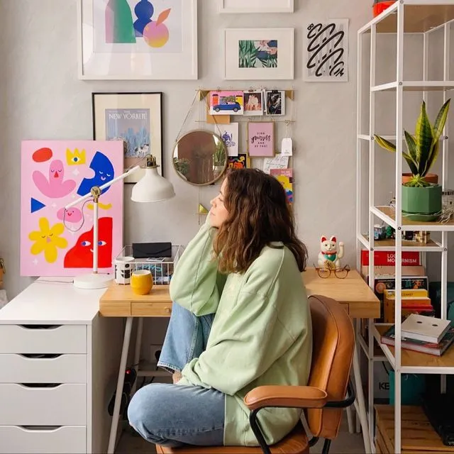 A Senja customer working from a colorful home studio