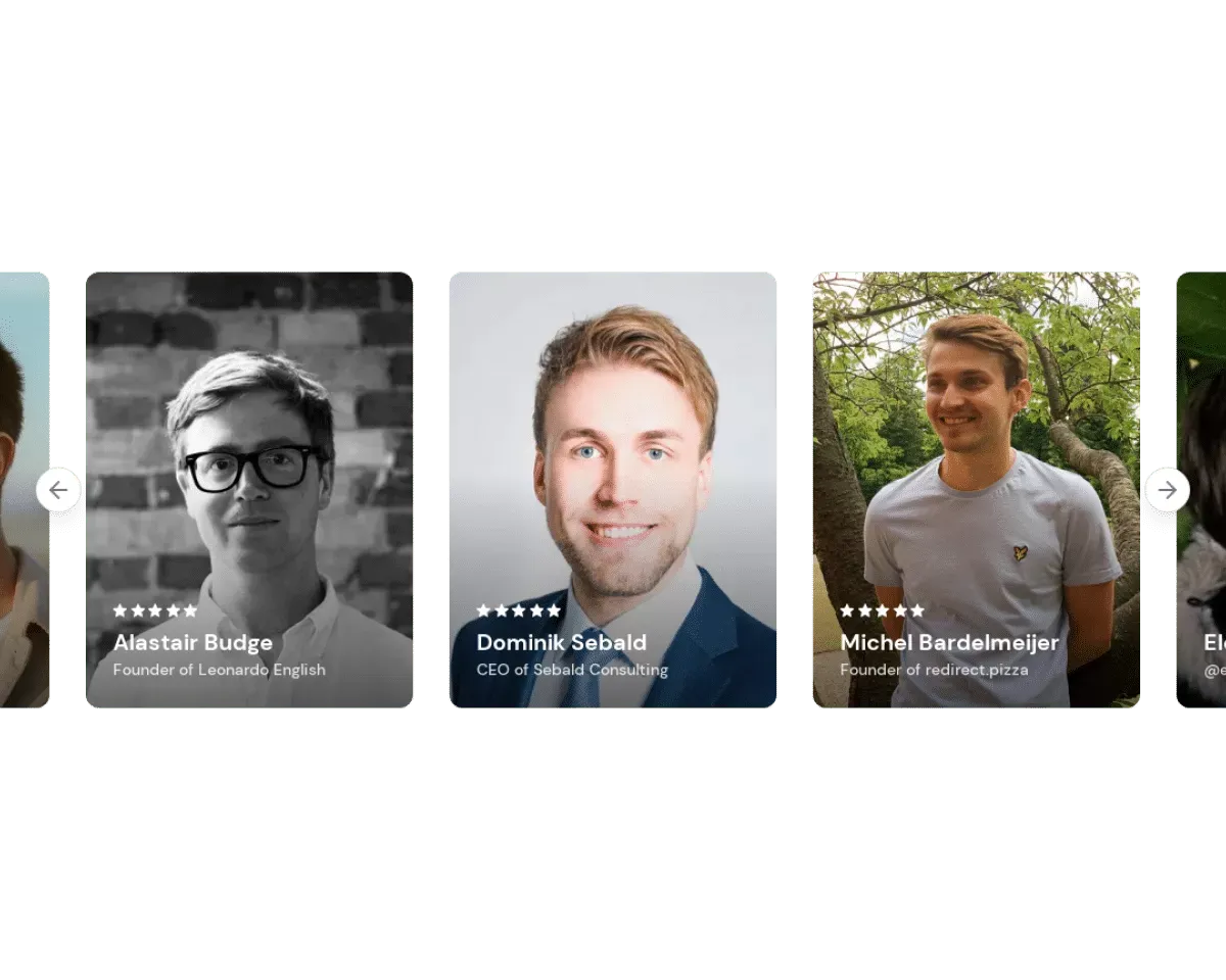 A beautiful carousel of testimonial faces. Rounded corners and star ratings.