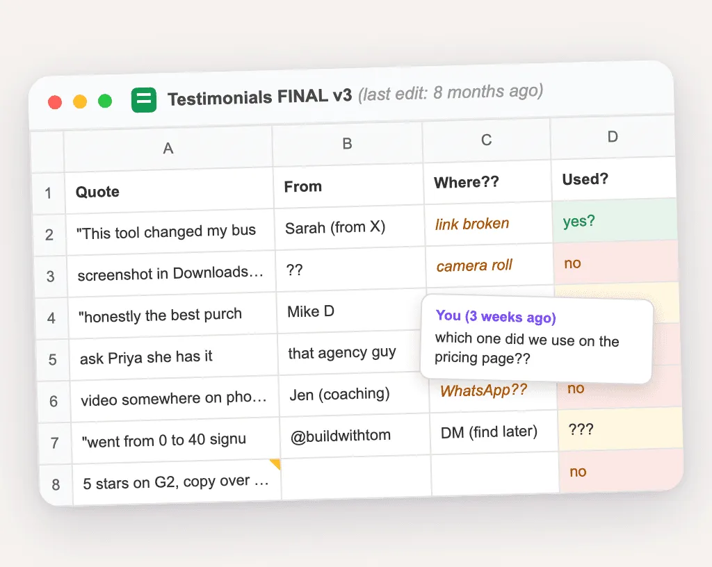 Testimonials scattered across screenshots, spreadsheets and DMs