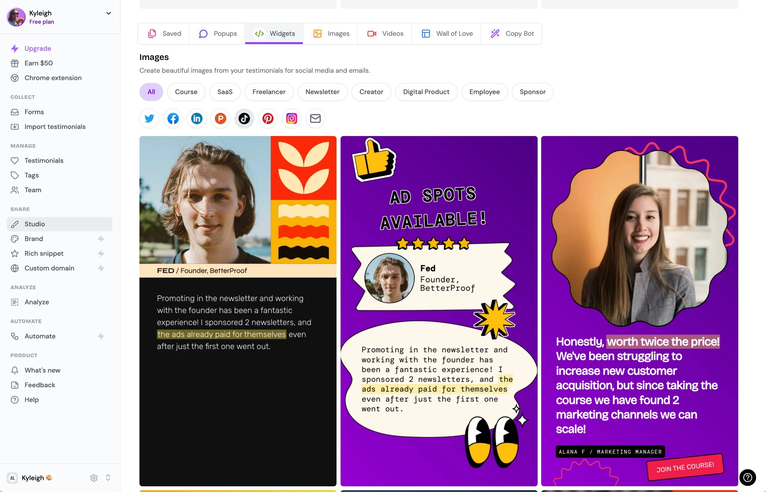 The Senja Social Proof Studio template picker, showing a grid of testimonial image templates