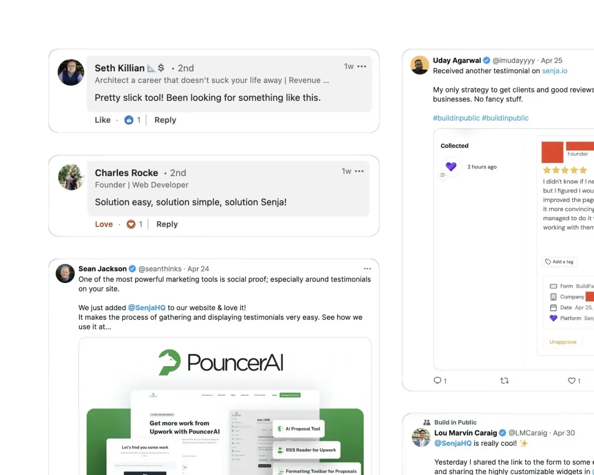 Grid wall of love of testimonial screenshots