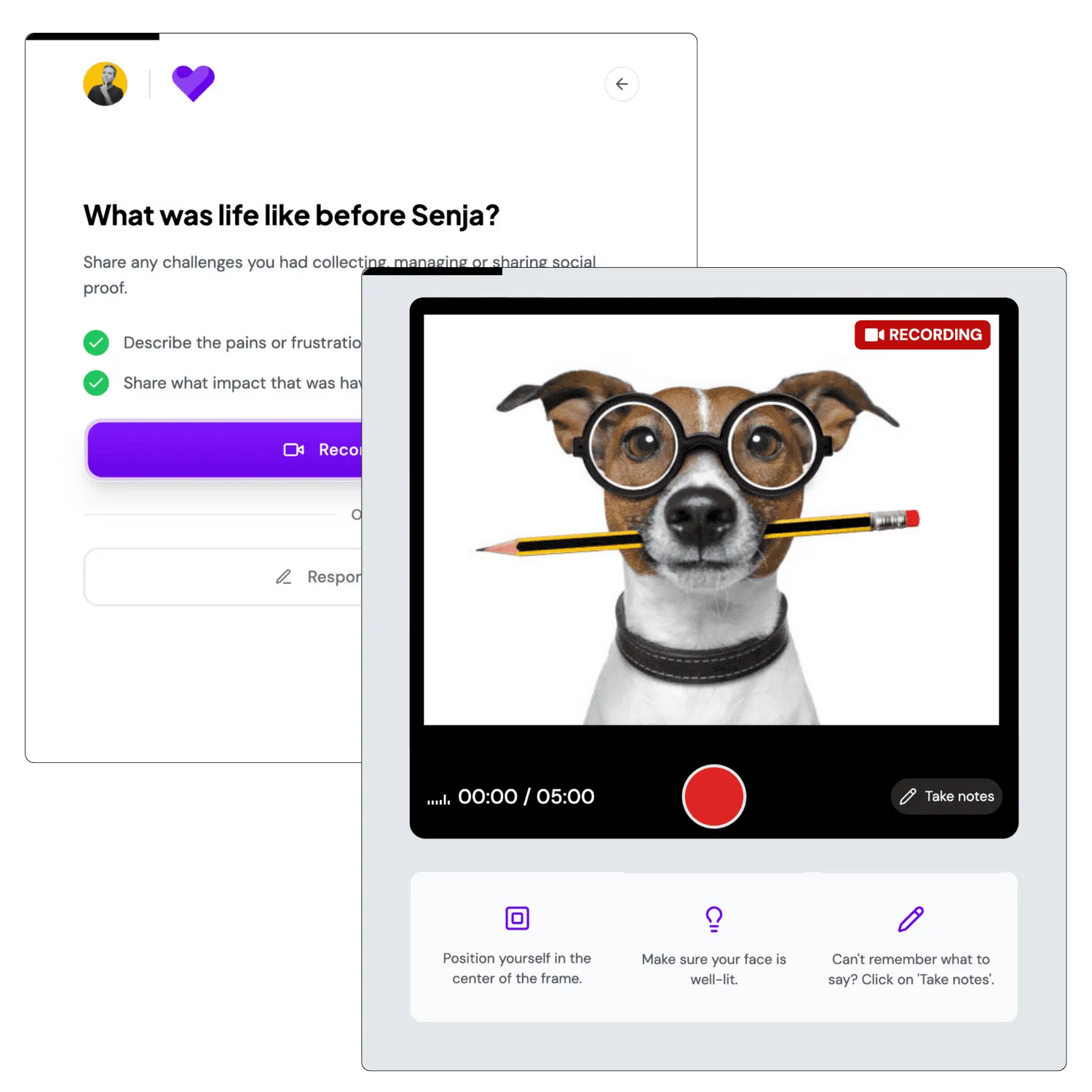 Recording a video testimonial in the browser with a Senja form